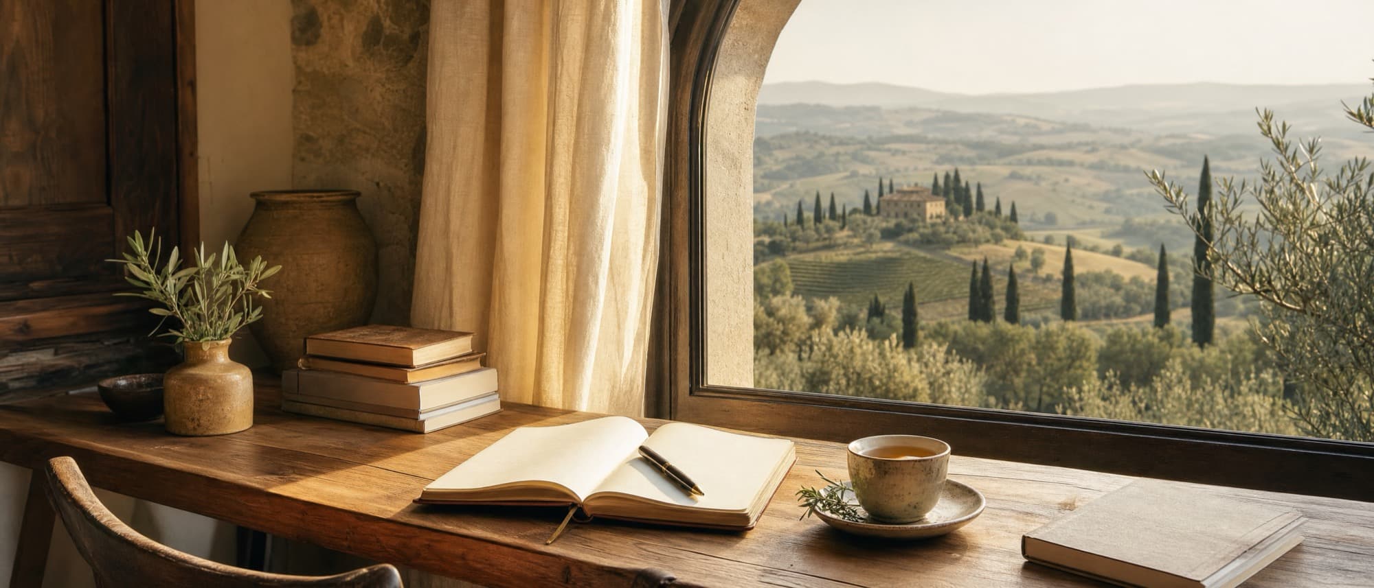 Un angolo di lettura e scrittura con vista sulle colline toscane